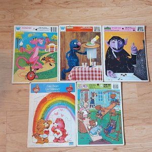 Vtg 80's Frame Tray Puzzles, Sesame Street, Care Bears, Pink Panther, etc